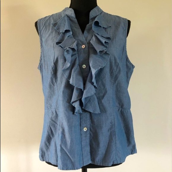 Womens Monteray Bay 100% Cotton button up ruffled sleeveless blouse size 12 - Picture 2 of 10
